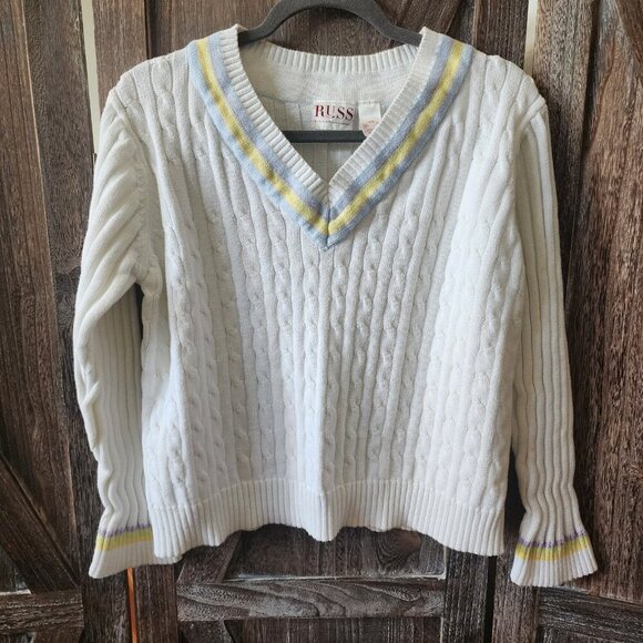RUSS Liz Claiborne V-Neck White Tennis Sweater Women's Size XL Preppy Cable Knit - Picture 1 of 13